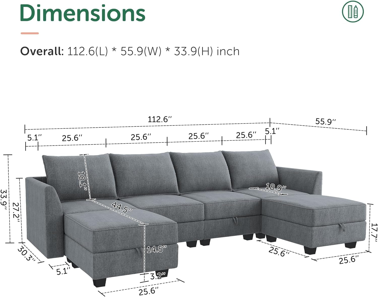 Modern U-Shaped Modular Sectional Sofa Sleeper Couch with Reversible Chaise Modular Sofa Couch with Storage Seats, Bluish Grey