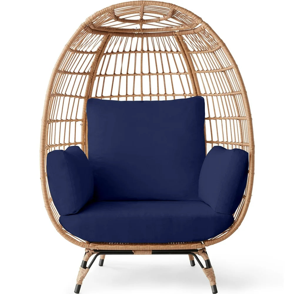 Wicker Egg Chair Oversized Indoor Outdoor Patio Lounger W/ Steel Frame, 440Lb Capacity - Navy