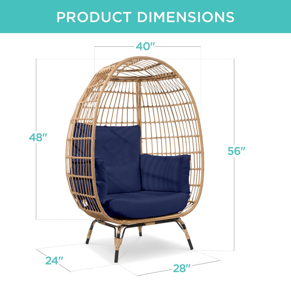 Wicker Egg Chair Oversized Indoor Outdoor Patio Lounger W/ Steel Frame, 440Lb Capacity - Navy