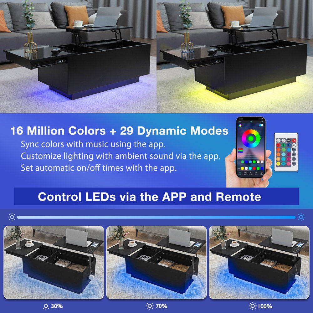 LED Lift Top Coffee Table with Charging Station High Gloss Rectangle Center Tea Desk Black Hidden Storage Rising Dining Cocktail Tables Living Room