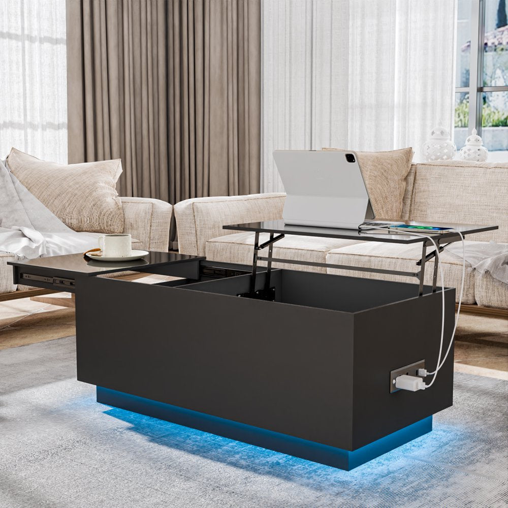 LED Lift Top Coffee Table with Charging Station High Gloss Rectangle Center Tea Desk Black Hidden Storage Rising Dining Cocktail Tables Living Room