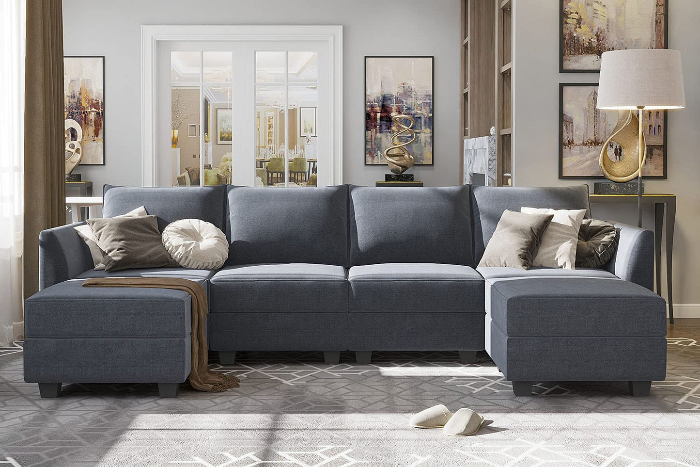 Modern U-Shaped Modular Sectional Sofa Sleeper Couch with Reversible Chaise Modular Sofa Couch with Storage Seats, Bluish Grey