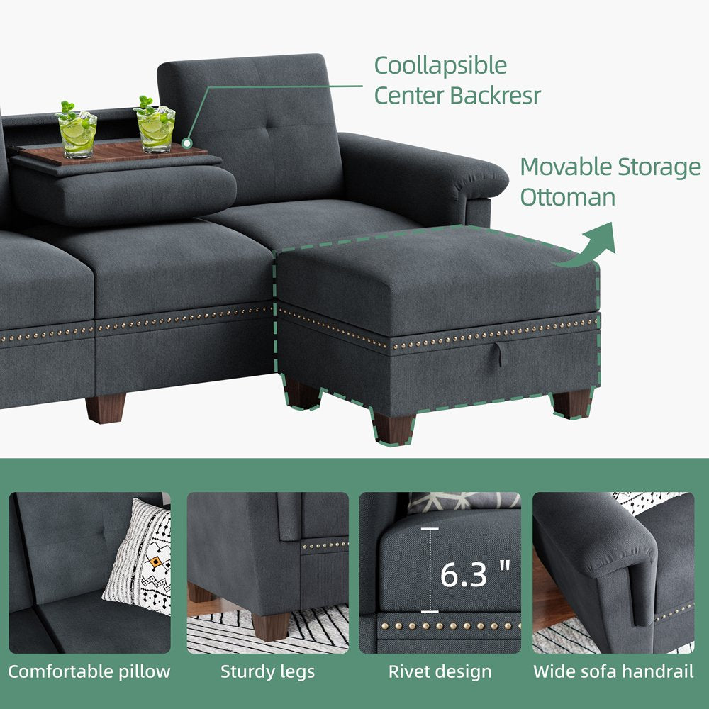 Convertible Sectional Sofa L Shaped Couch with Storage Chaise, 4-Seater Reversible Sectional Couch with Cup Holders for Living Room Dark Grey