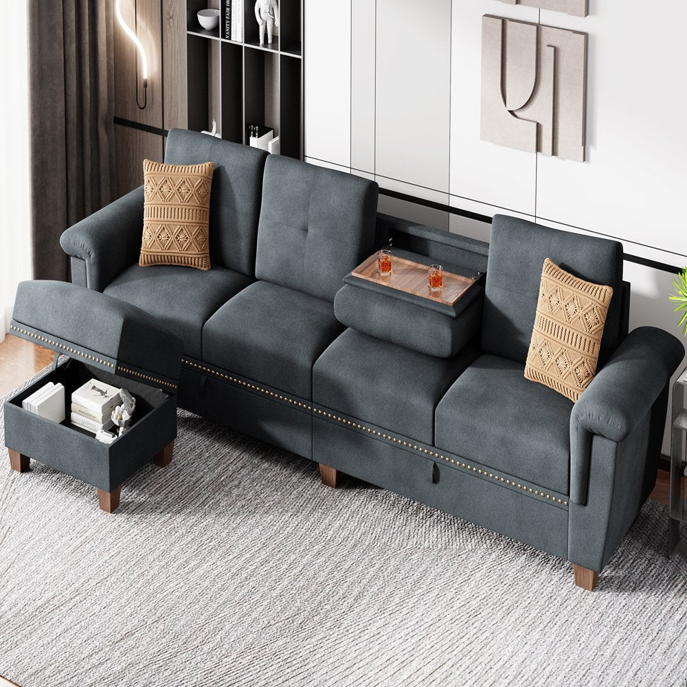 Convertible Sectional Sofa L Shaped Couch with Storage Chaise, 4-Seater Reversible Sectional Couch with Cup Holders for Living Room Dark Grey