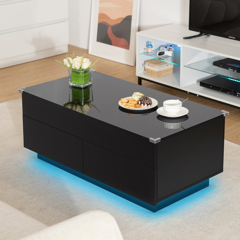 Lift Top Coffee Table LED Tea Table with 2 Storage Drawers and Hidden Compartment Rectangle Rising Accent Cocktail Desk Black