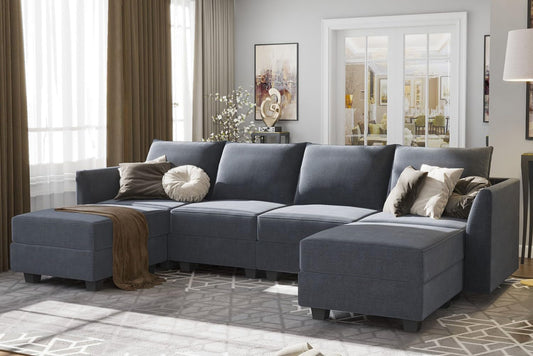 Modern U-Shaped Modular Sectional Sofa Sleeper Couch with Reversible Chaise Modular Sofa Couch with Storage Seats, Bluish Grey