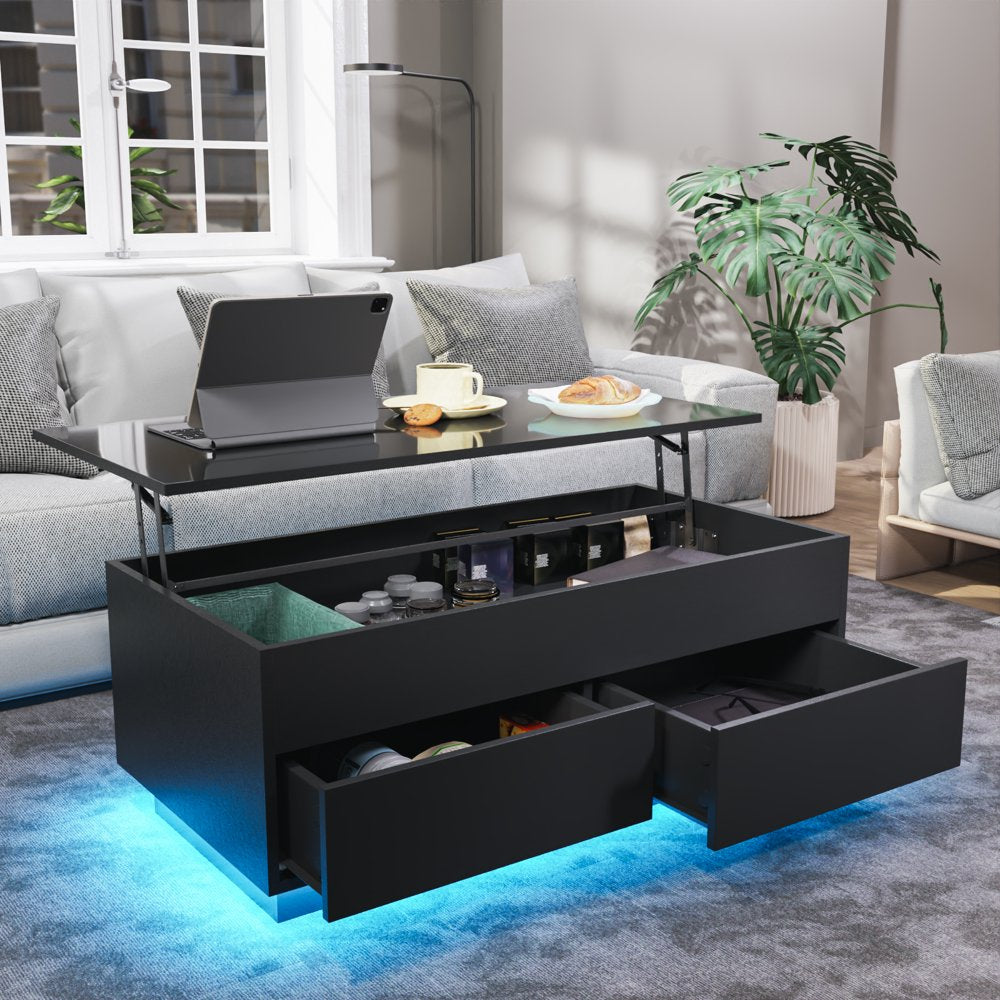 Lift Top Coffee Table LED Tea Table with 2 Storage Drawers and Hidden Compartment Rectangle Rising Accent Cocktail Desk Black