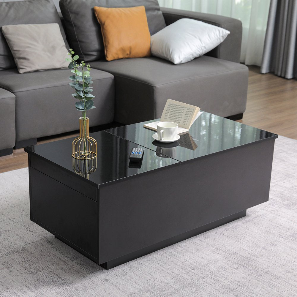 LED Lift Top Coffee Table with Charging Station High Gloss Rectangle Center Tea Desk Black Hidden Storage Rising Dining Cocktail Tables Living Room