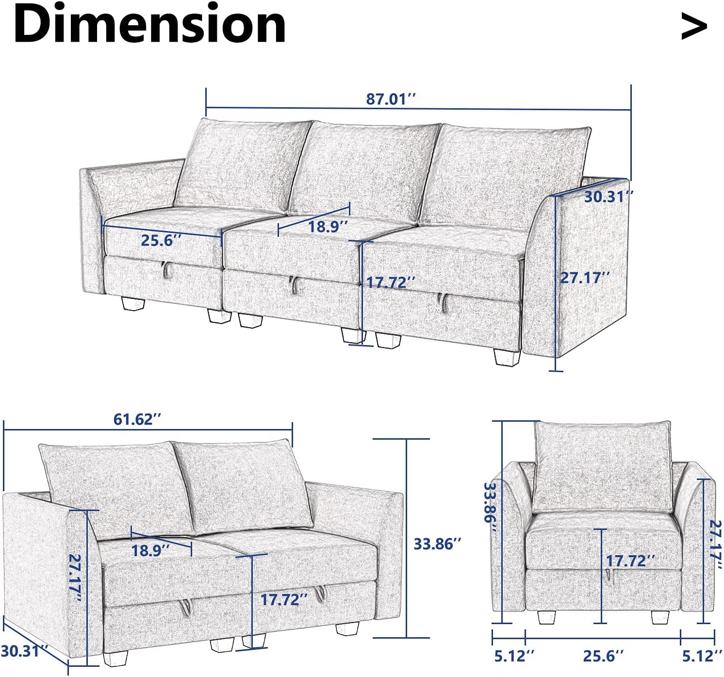 3 Piece Sofa Sets for Living Room Furniture Couch Set Modular Sofa Set with Polyester Fabric 3 Seats Sofa Loveseat and Armchair in Bluish Grey