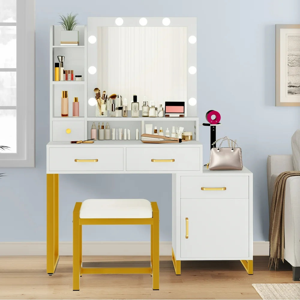 Makeup Vanity with Lights, Vanity Mirror, and Drawers, White Vanity with Adjustable Lighting and Power Outlet