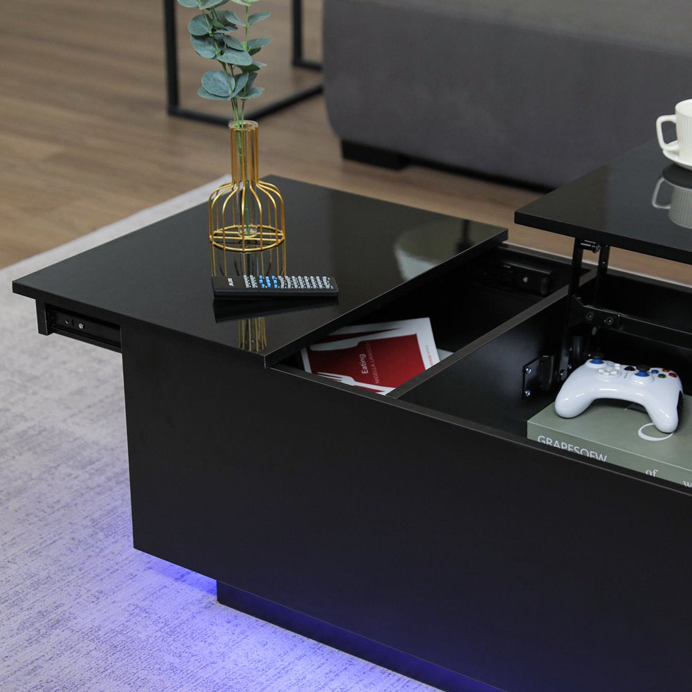LED Lift Top Coffee Table with Charging Station High Gloss Rectangle Center Tea Desk Black Hidden Storage Rising Dining Cocktail Tables Living Room
