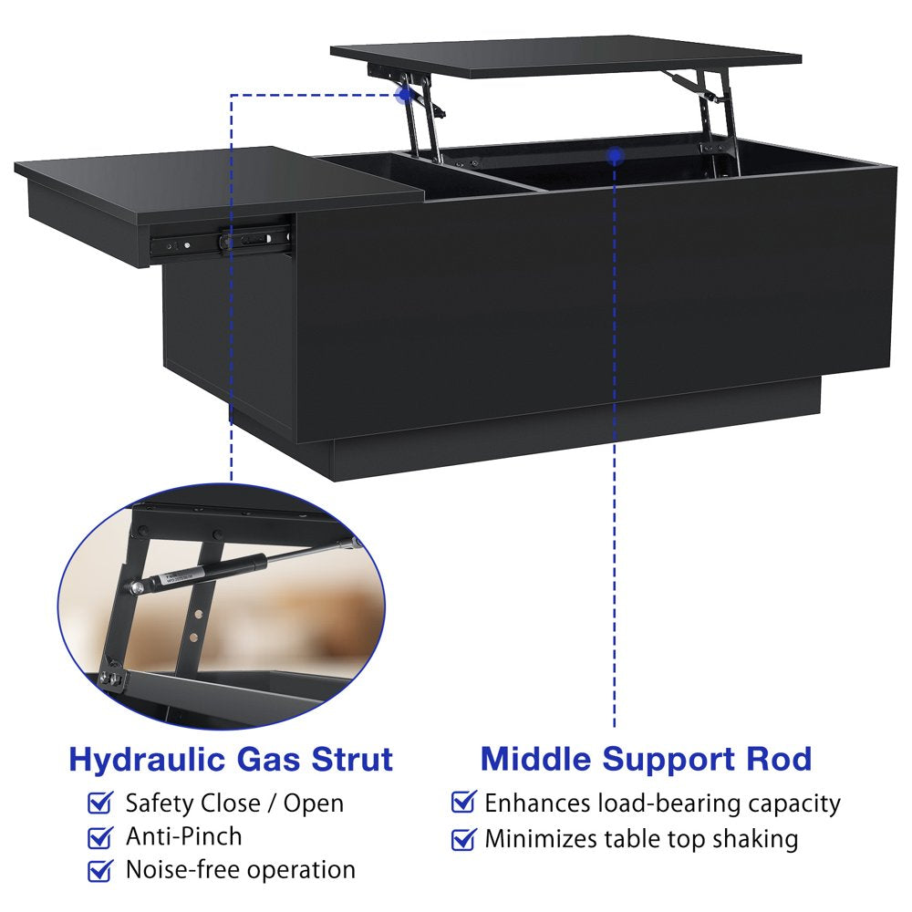 LED Lift Top Coffee Table with Charging Station High Gloss Rectangle Center Tea Desk Black Hidden Storage Rising Dining Cocktail Tables Living Room