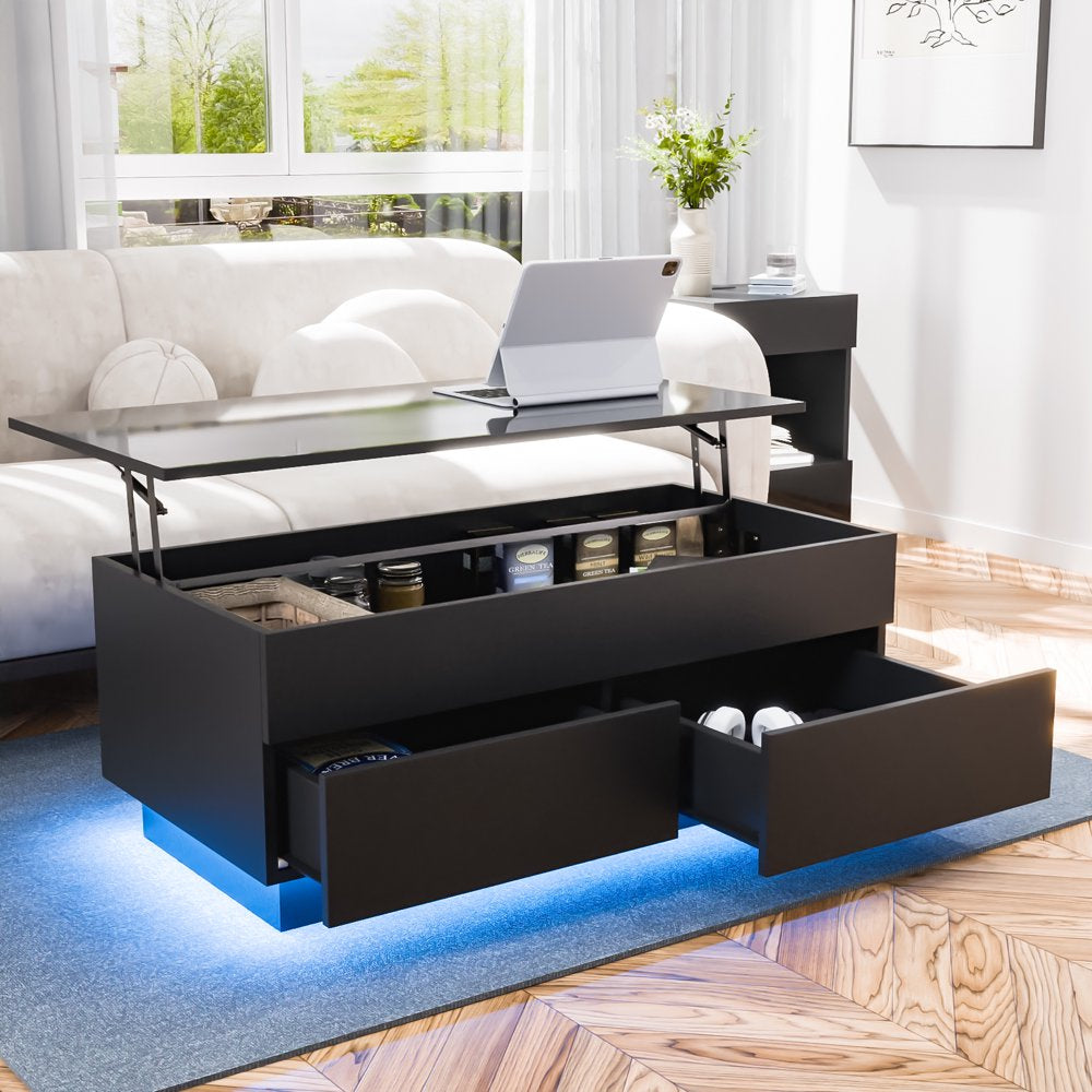 Lift Top Coffee Table LED Tea Table with 2 Storage Drawers and Hidden Compartment Rectangle Rising Accent Cocktail Desk Black