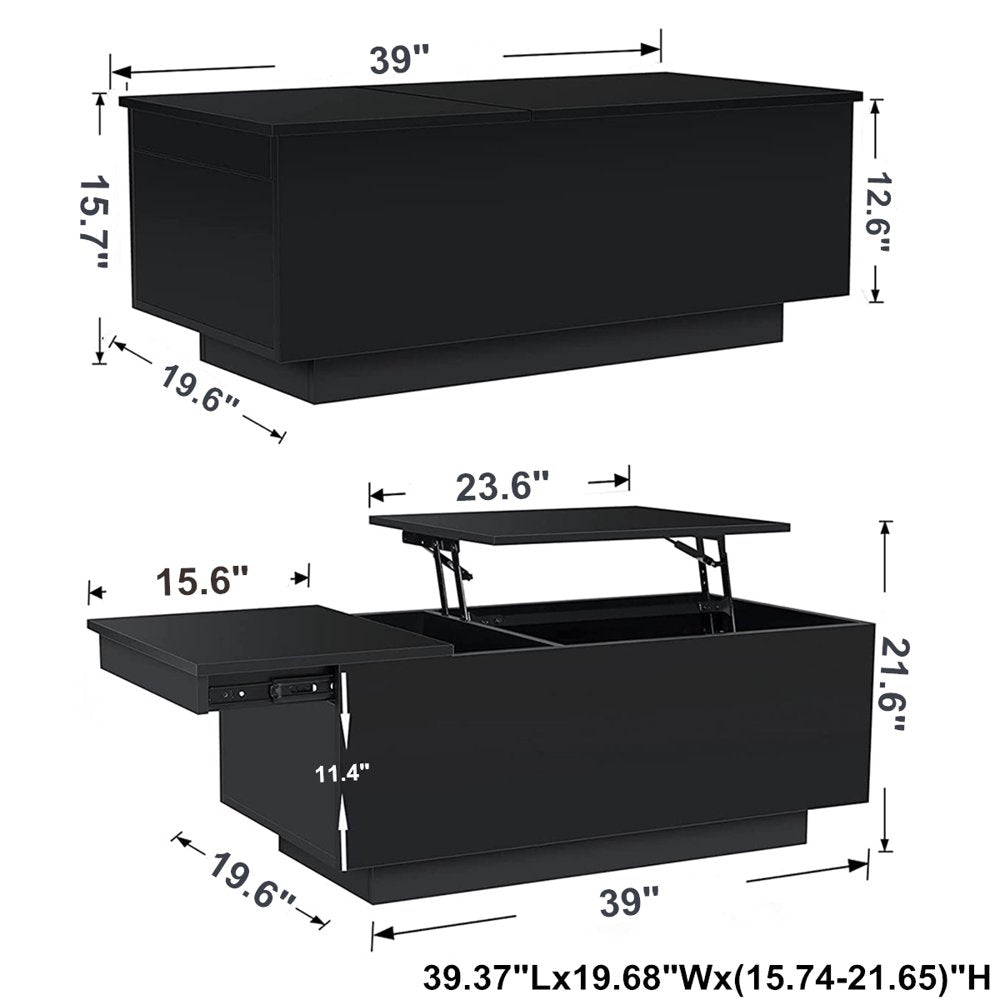 LED Lift Top Coffee Table with Charging Station High Gloss Rectangle Center Tea Desk Black Hidden Storage Rising Dining Cocktail Tables Living Room