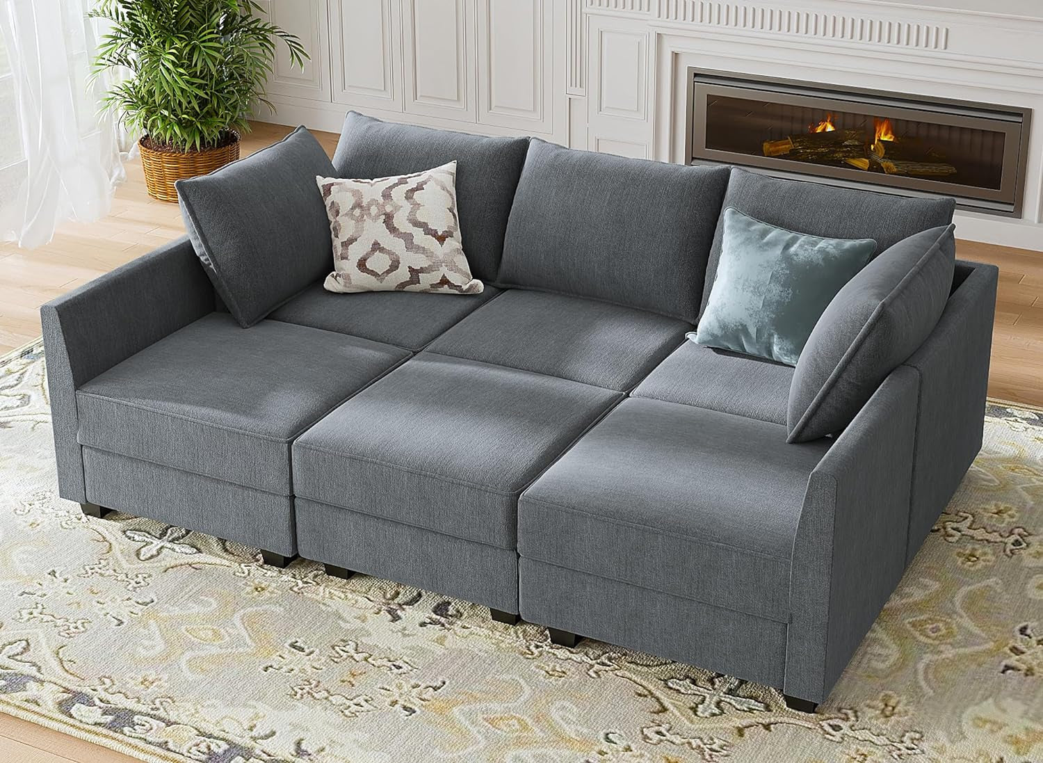 Modern U-Shaped Modular Sectional Sofa Sleeper Couch with Reversible Chaise Modular Sofa Couch with Storage Seats, Bluish Grey