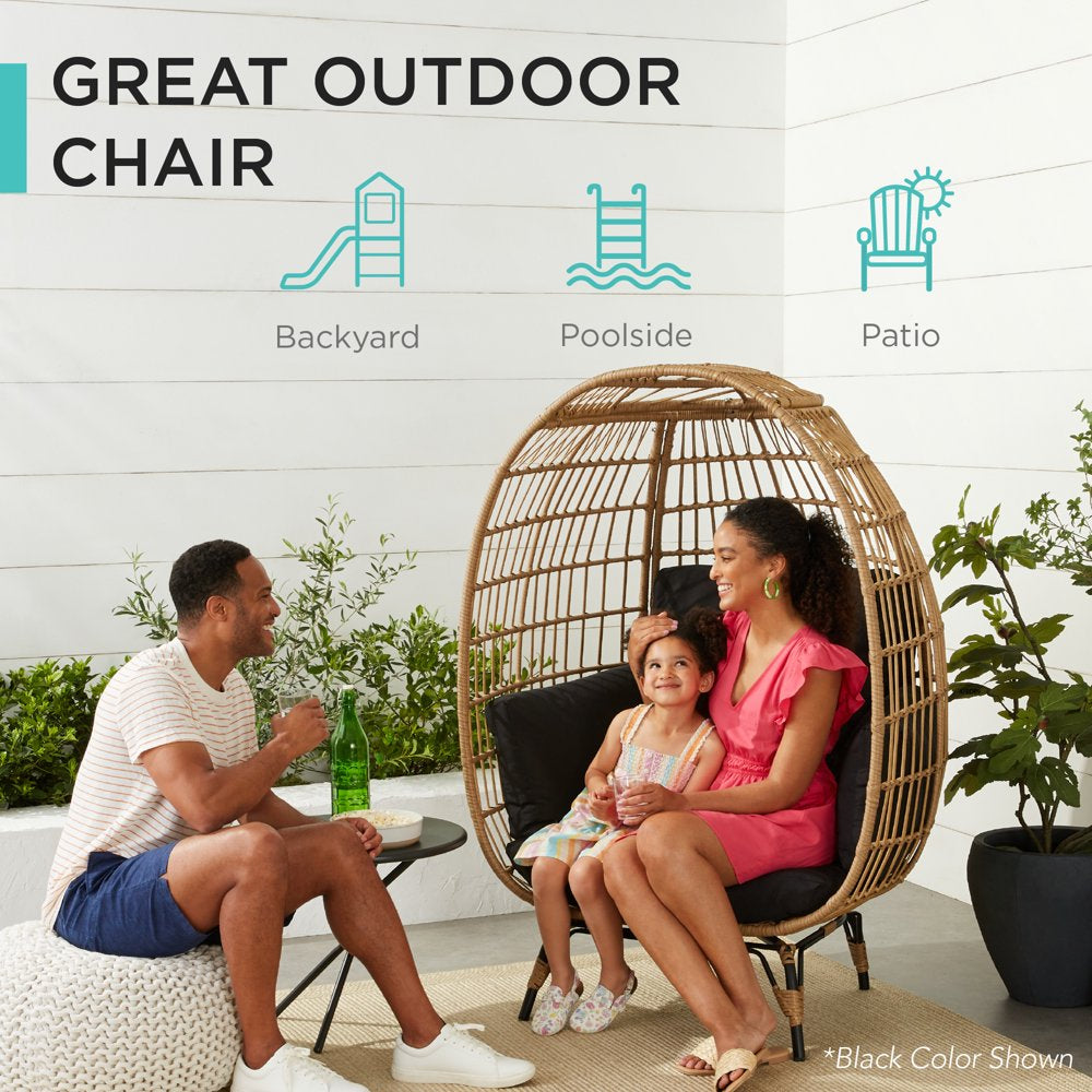 Wicker Egg Chair Oversized Indoor Outdoor Patio Lounger W/ Steel Frame, 440Lb Capacity - Navy