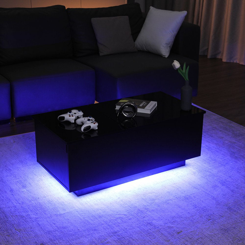 LED Lift Top Coffee Table with Charging Station High Gloss Rectangle Center Tea Desk Black Hidden Storage Rising Dining Cocktail Tables Living Room