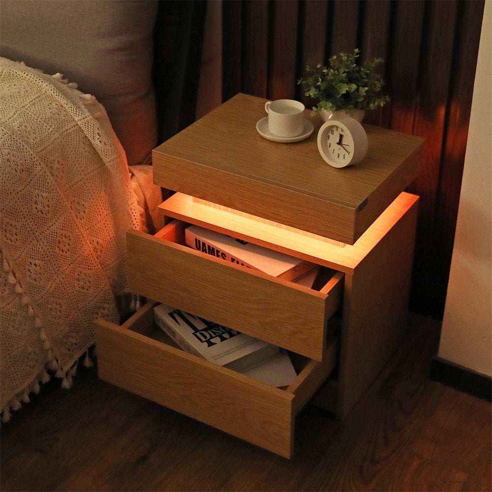 2 Drawer Modern Nightstand with RGB LED Light High Gloss Bedside Tables for Bedroom Gray Black