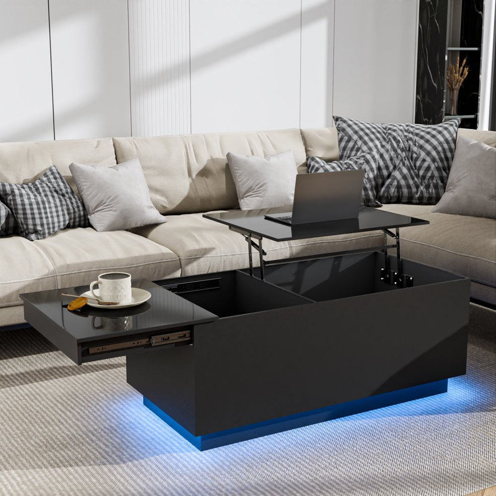 LED Lift Top Coffee Table with Charging Station High Gloss Rectangle Center Tea Desk Black Hidden Storage Rising Dining Cocktail Tables Living Room